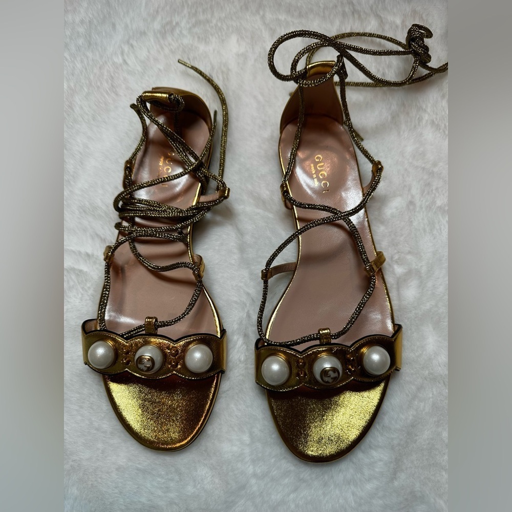 Gucci Metallic Gold Lace-Up Sandals - Picture 4 of 16